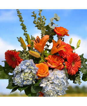 Orange and Blue Splash Vase arrangement