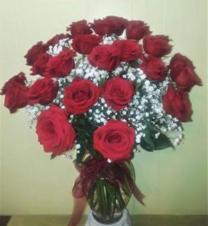 24 Red Roses with Babys Breath Clear Glass Vase