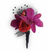 Orchid, roses, ribbon wrap & rhinestone Bouttonniere
