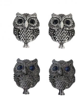 Owl Earrings, silver or black pair  