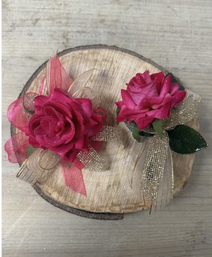 P100- Faux Fuchsia Fantasy Corsage and Boutonniere set