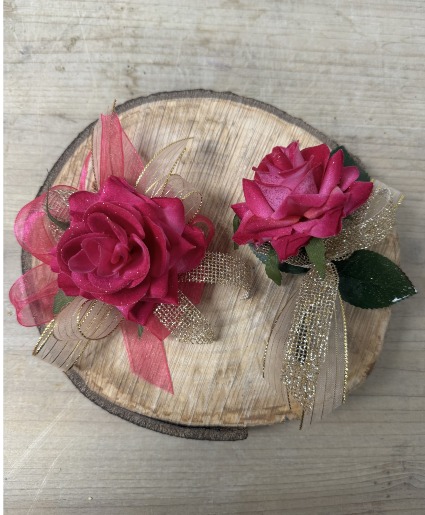 P100- Faux Fuchsia Fantasy Corsage and Boutonniere set