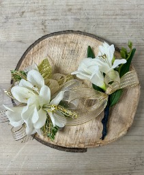 P100- Faux Pure White and Gold Corsage and Boutonniere set
