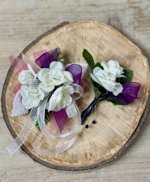 P100- Pink and Purple Faux Corsage and Boutonniere set