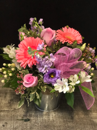 Pail Of Blushing Posies Fresh Flower Arrangement