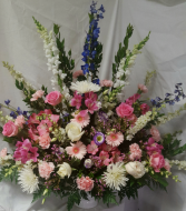 (S)"Pastel Flowers"...pinks, whites, and  lavender sympathy arrangement.