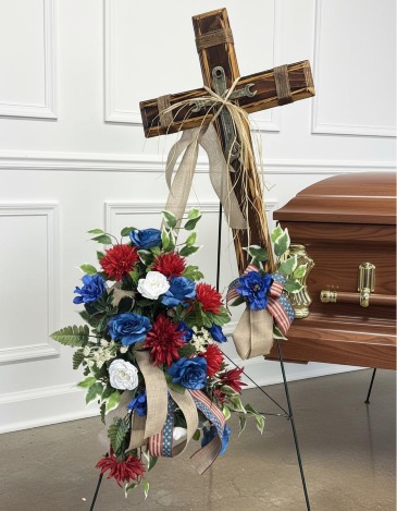 Patriotic Honor Wooden Cross SS-113 Sympathy Silk Arrangement in Cleveland, TX | EASY STREET FLORIST