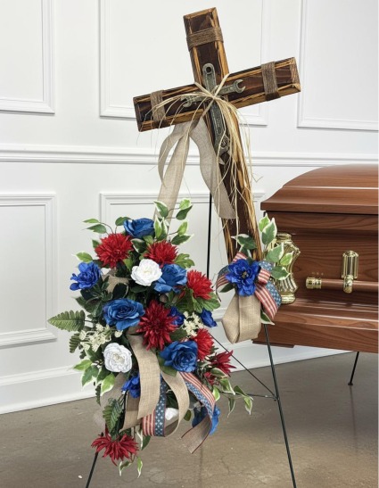 Patriotic Honor Wooden Cross SS-113 Sympathy Silk Arrangement