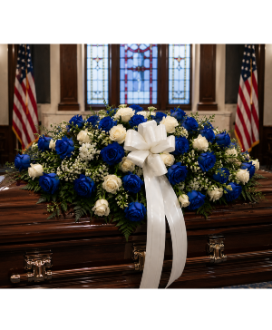 Patriot's Blue Tribute Casket Spray Call Us for Faster Service & Daily Specials: (915) 303-8500 Text Us to Order Anytime: (915) 505-3708 Your trusted source for Flowers & Delivery in El Paso TX 