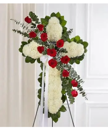 Peace & Prayer Red & White Standing Cross Funeral Flowers in Brooklyn, NY | Glez Flowers