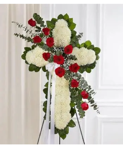 Peace & Prayer Red & White Standing Cross Funeral Flowers