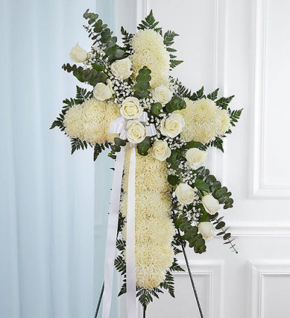 Peace & Prayer White Standing Cross - White Standing Sprays & Wreaths