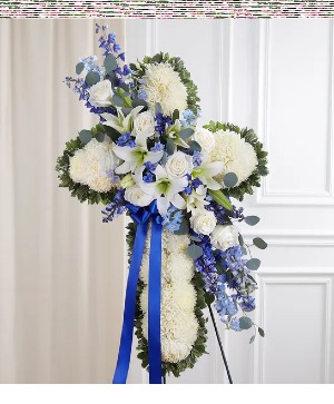 Peace & Prayers Blue & White Standing Cross sympathy arrangements