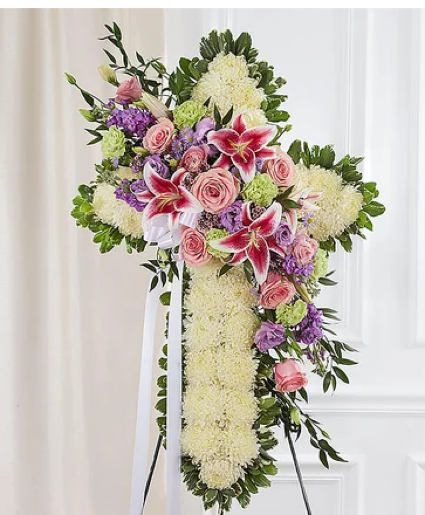 Peace & Prayers™ Standing Cross- Pastel  Funaral Spray