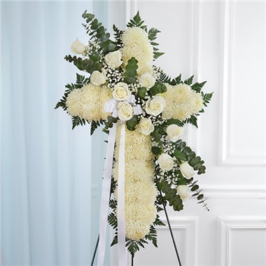 Peace & Prayers Standing Cross-White Sympathy Arrangement