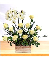 Peaceful: White Dozen with Potted Orchid Plant  Wooden Box Arrangement