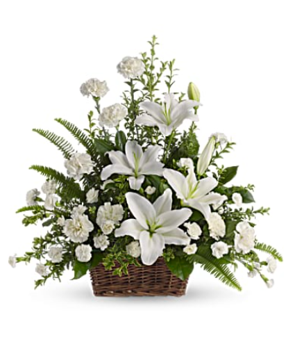 Peaceful White Lilies Basket Flower Arrangement