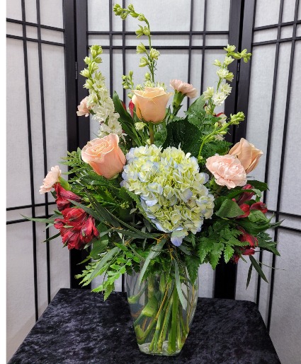 Peach & Blue & Red Vase Arrangement