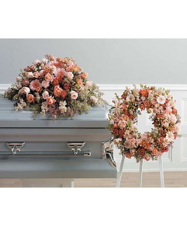 Peach Duo Standing Spray and Casket Spray in Jacksonville, FL | St Johns Flower Market