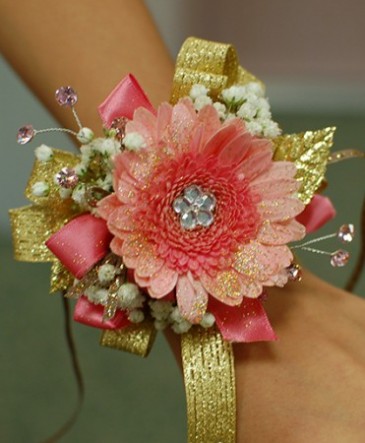 Pink & Gold Daisy Prom Corsage Prom Corsage in Albany, NY | Ambiance Florals & Events