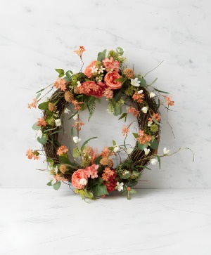 Silk Peach & White Grapevine Wreath Powell Florist Exclusive