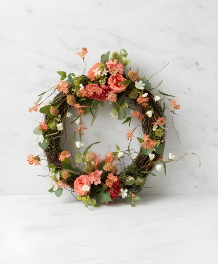 Silk Peach & White Grapevine Wreath Powell Florist Exclusive