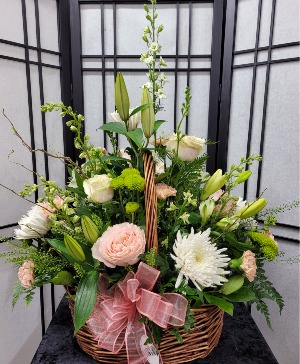 Peach & White Sympathy Basket Arrangement