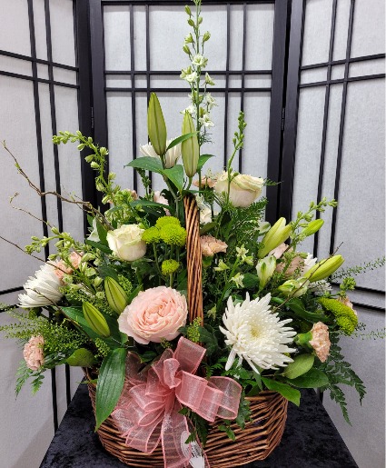 Peach & White Sympathy Basket Arrangement