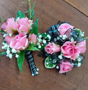 Pink and Blacke Corsage and Boutonniere (SET) Prom Flowers