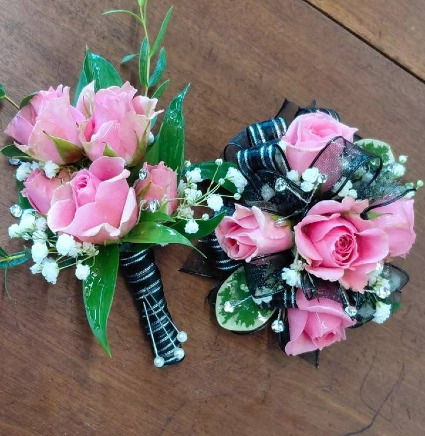 Pink and Blacke Corsage and Boutonniere (SET) Prom Flowers