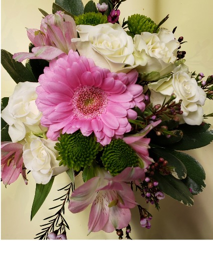 PINK AND CREAM HAND HELD          (CO) BOUQUETS OrderEarly...pink lilies could vary in color.