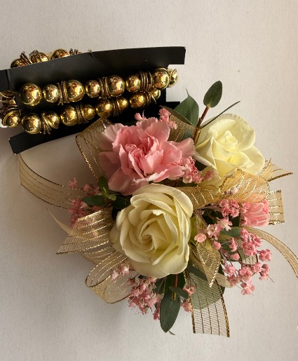 Pink and Gold Corsage With Gold Bracelet  corsage 