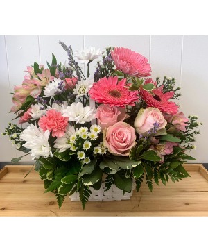 Pink And White Basket Blooms Fresh Arrangement 