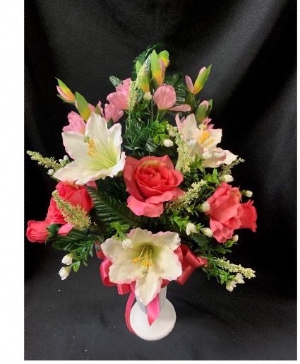 Pink and White Silk Cemetery Vase Arrangement