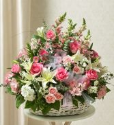 Pink and White Sympathy Arrangement in Basket Sympathy 