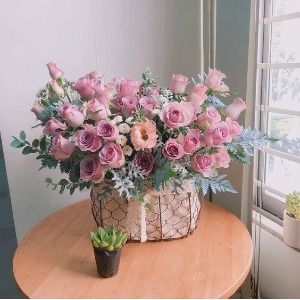Pink Basket of Roses   Flowers for the Home or the Service 