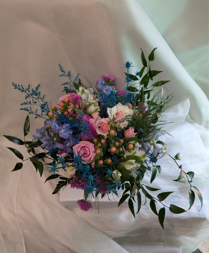 Pink, Blue, White Handtied Bouquet 