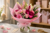 Pink floral mix presentation bouquet Hand tied  presentation  style