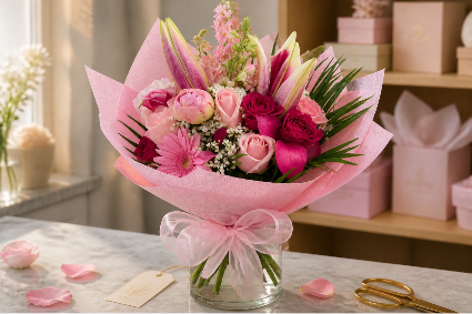 Pink floral mix presentation bouquet Hand tied  presentation  style