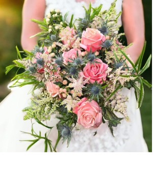 pink flowers and dusty thistle bridal garden bouquet