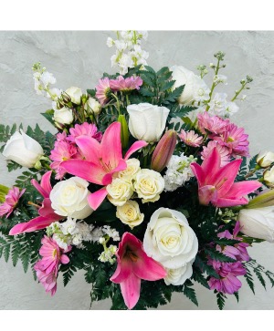 Pink and white fusion All pink flowers and white vase arrNgment