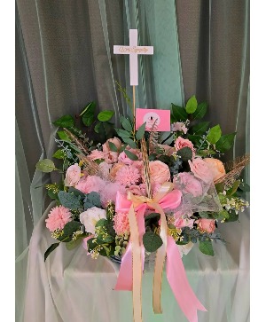Pink Memorial Faux Arrangement in basket  Sympathy