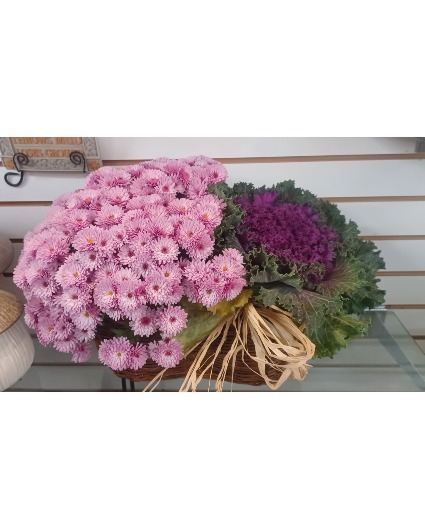 Mum & Ornamental Kale Arrangement Fall Potted Plants Arrangement