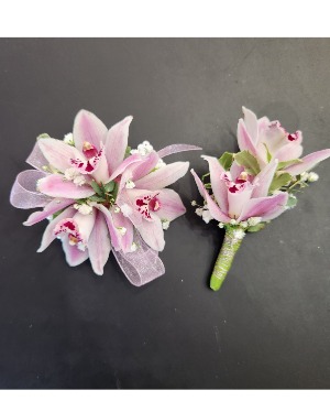 Pink Orchid Graduation Set Corsage and Boutonniere