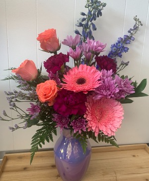 Pink, Purple And Blue Blooms Fresh Arrangement 
