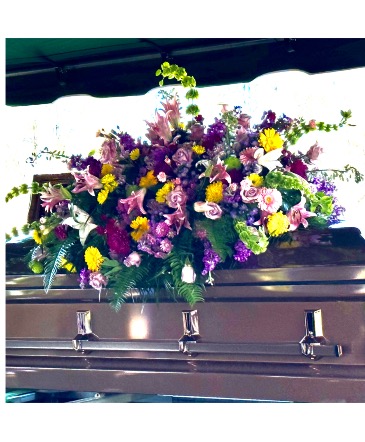Pink Purple & Yellow Rainbow  Closed Casket Spray  in Columbia, MS | Berry Patch LLC