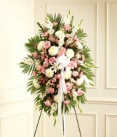 Pink Rose and White Mum Standing Spray 