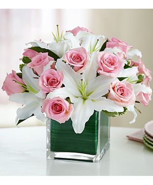 Pink Roses and Lilies Square Vase 
