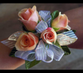 Pink Spray rose and Silver Leaf Corsage wrist corsage