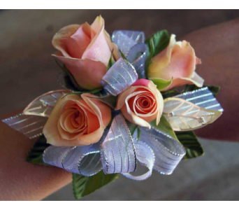 Pink Spray rose and Silver Leaf Corsage wrist corsage